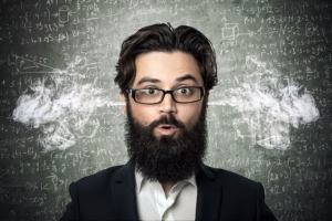 Mathematician with steam coming out of his ears representing the excitement of discovery on the Debate Chamber Young Mathematicians Summer School.
